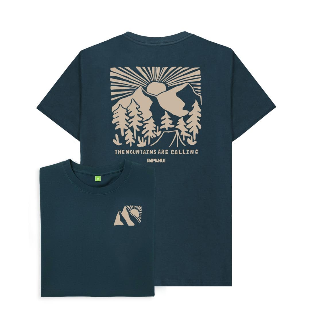 Rapanui Men's Denim Blue The Mountains Are Calling Sunrise Peaks Hiking Adventure Graphic T-Shirt