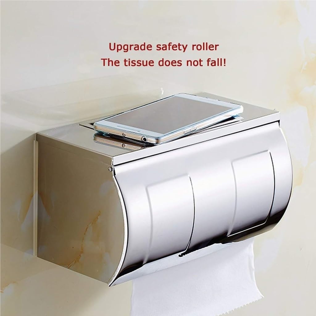 TOWINE Toilet Paper Holder Stainless Steel Wall-Mounted Tissue Box Kitchen Bathroom Shopping Mall Hotel Restaurant with Tray Roll Paper Box Toilet Paper Holder Wall Bathroom Accessories