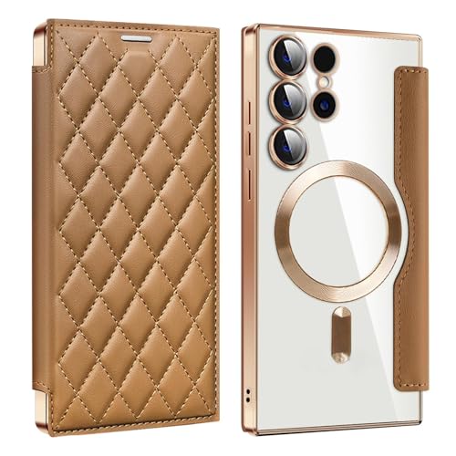 Funda Tipo Cartera para Samsung Galaxy S26, Compatible con MagSafe, Tarjetero de Cuero Sintético PU Acolchado con Parte Trasera Transparente, Marco Galvanizado y Protección de Cámara, Brown