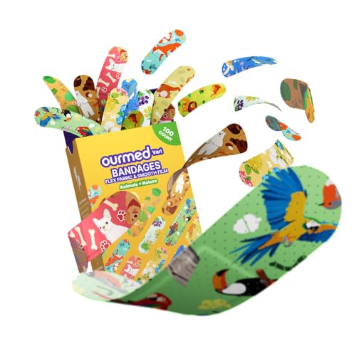 Image of Ourmed Vari Kids 100 Count Flexible Fabric Plasters - 10 Colorful Finger Plasters with 2 Theme Designs, Latex-Free Assorted Sizes for Children’s Minor Wounds & Daily First Aid Use