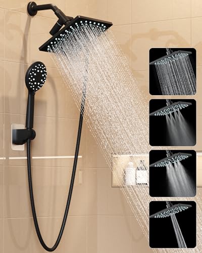 Veken High Pressure Rain Shower Head with Handheld Multi-Functions Square Rainfall Shower Heads with 5-Mode Handheld Spray Combo Detachable Hand Held Showerhead Dual Matte Black Regaderas Para