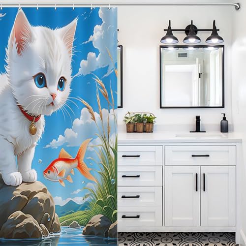 Rideau de douche chat mignon 183x183 cm imperméable pour baignoire - 5
