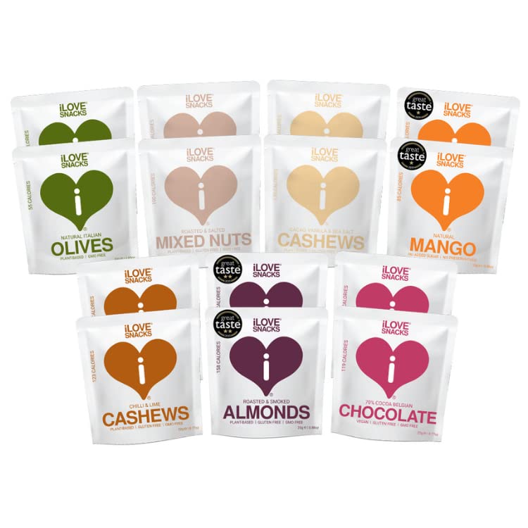Variety Pack - 14 snacks: Roasted & Smoked Almonds, Mixed Nuts, Natural Mango, Natural Italian Olives, Chilli & Lime Cashews, Cacao Vanilla & Sea Salt Cashews, Belgian Chocolate