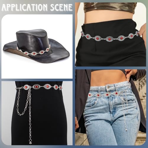 Red Turquoise Oval Chain Western Cowgirl Metal Silver Sparkly Adjustable Summer Belly Chain Link Belts Fashion Belt Jewelry Accessories for Women Dress Wedding Bridal Party Birthday Club4