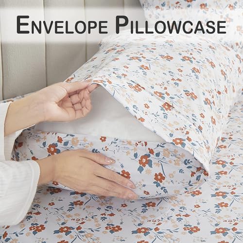 Image of Softan Orange Flower Sheets for King Size Bed Floral Bed Sheets King Printed Sheets - 4 Piece Soft Microfiber Patterned Fitted Sheets King with 15 inch Deep Pocket
