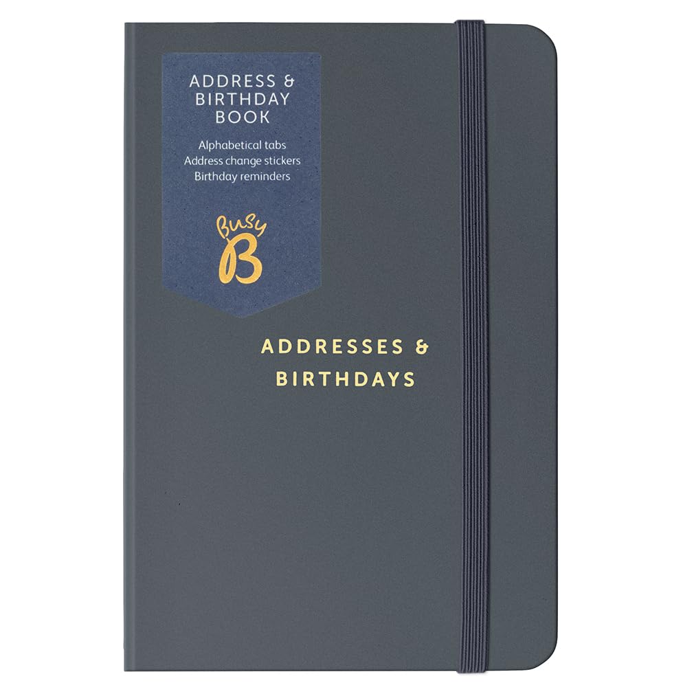 Busy B Address & Birthday Book - Charcoal Cover with Alphabetical Tabs, Address Change Stickers, Birthday Reminders, Handy Pockets & Elastic Closure Band