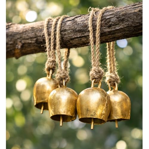Image of Rustic Brass Hanging Bells Pack of 10 | Vintage Mini Bells with Rope for Home Decor, Diwali Pooja, Wall Art, Christmas & Craft Use