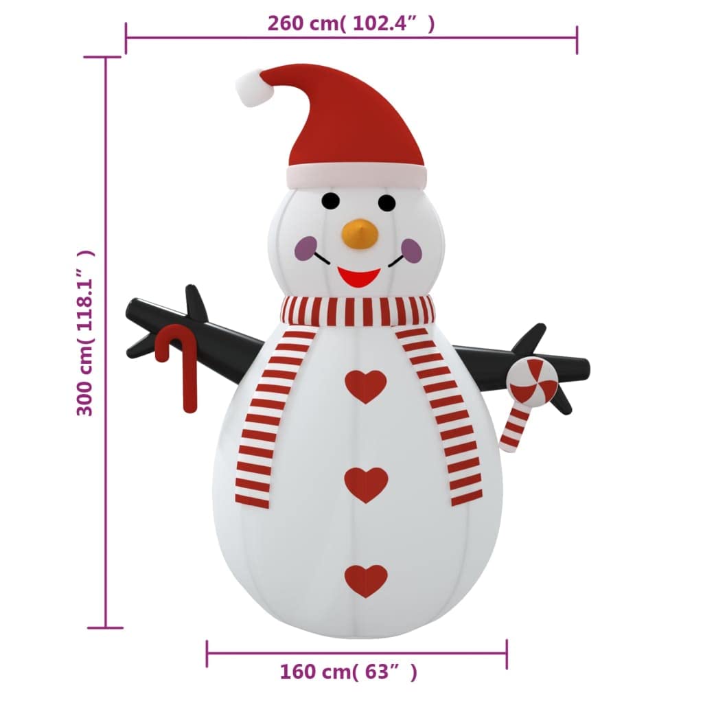 Aufblasbarer Schneemann mit LEDs, 300 cm Höhe, Oxford-Gewebe wetterfest, mit integrierter Weihnachtsbeleuchtung, Lichtschlauch und Timer, ideal für Garten