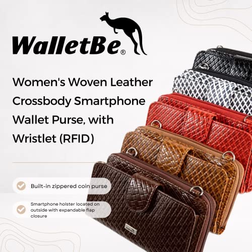 WalletBe Women's Wallet Woven Leather Crossbody Smartphone Purse with Straps RFID Cognac