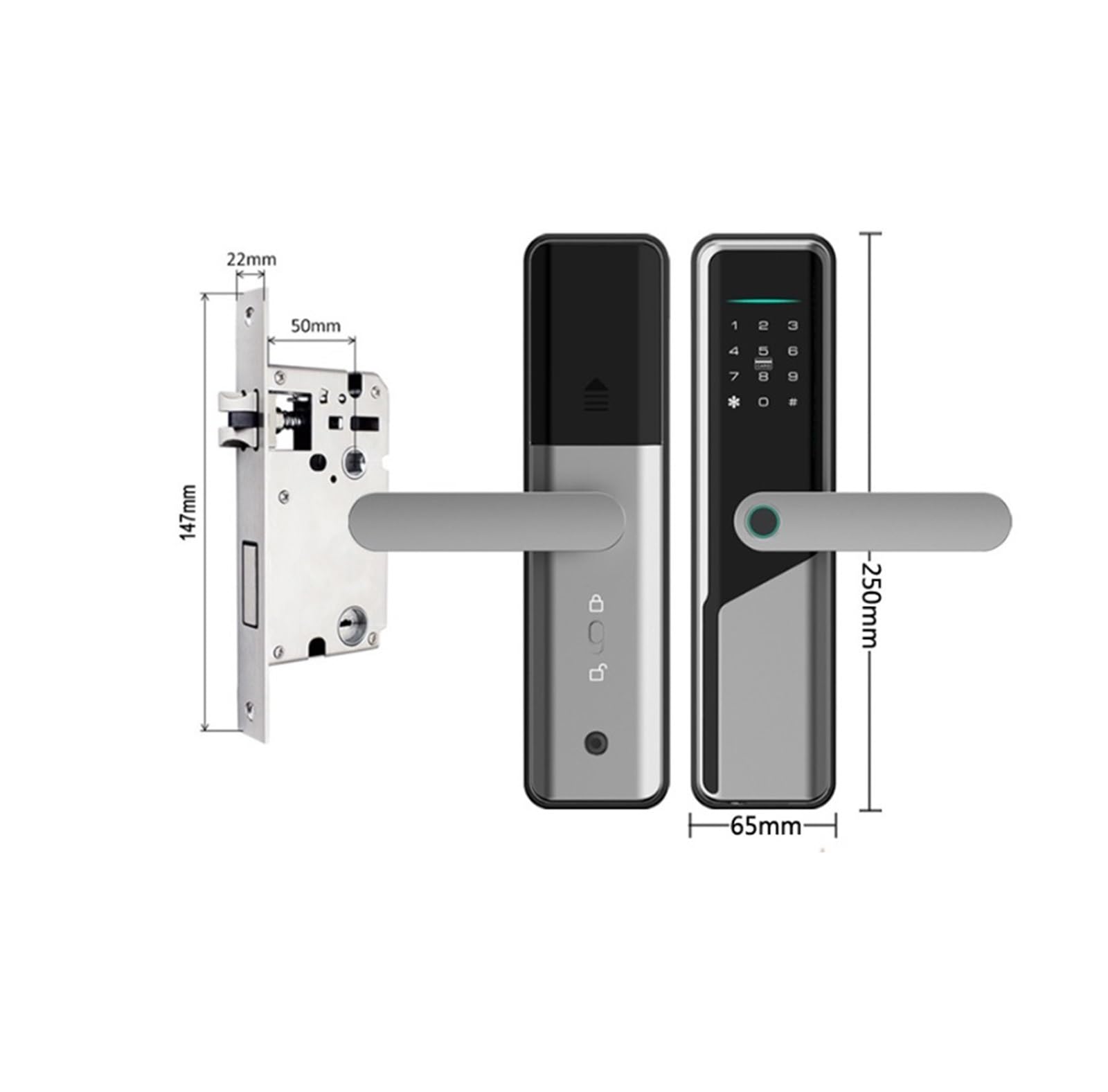 smart lock Touch Smart Lock con maniglia Serratura elettronica biometrica con impronta digitale for porte anteriori Facile da installare elettrica(Silver)