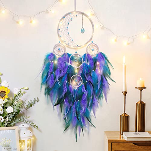 KHOYIME LED Light Up Dream Catcher Half Circle Moon Decor with Lights Handmade Feather Dreamcatchers for Bedroom Bohemian Home Decor Wedding Ornament Craft Gift (Purple&Blue) KHOYIME LED Light Up Dream Catcher Half Circle Moon Decor with Lights Handmade Feather Dreamcatchers for Bedroom Bohemian Home Decor Wedding Ornament Craft Gift (Purple&Blue)
