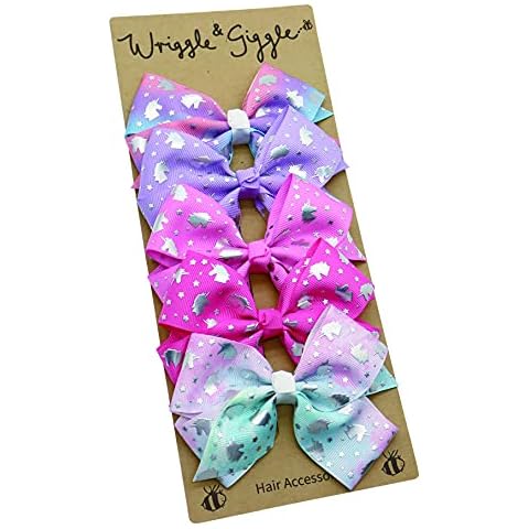 Wriggle & Giggle Unicorn Bow Hair Clips for Girls | 5 Pack Hair Bows for Kids | Hair Accessories for Toddlers | Unicorn design | Pink, Purple, Rainbow bows | Grosgrain Ribbon Unicorn Clips Cover