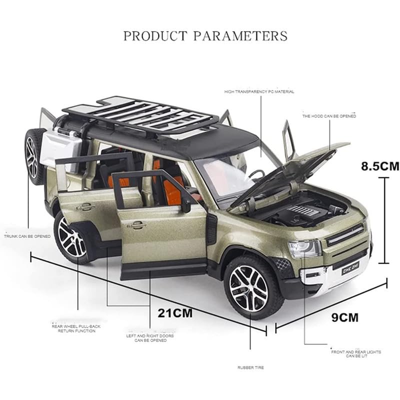 Image of Kids Model 1:24 Land Rover Defender Die Cast Metal Car Pull Back Action Opening Doors with Realistic Engine Sound Lights Toy Car Gift for Boys - Green