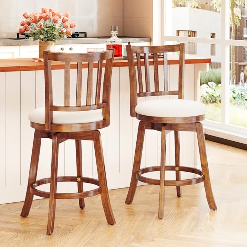 Butacos Giratorios de Barra Giantex, Set de 2 Unidades, Altura para Encimera (25 pulgadas), Patas de Madera de Caucho y Reposapiés, Asiento Tapizado, Estilo Granja para Isla de Cocina, Comedor y Pub miniatura 2