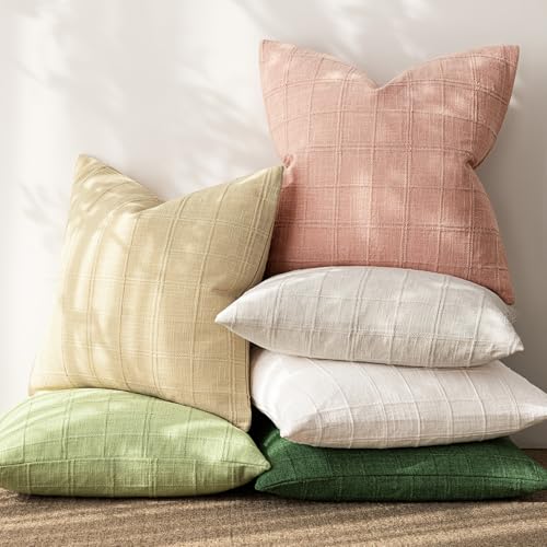 Image of Foindtower Set of 1 Decorative Linen Check Throw Pillow Cover Neutral Farmhouse Vintage Cushion Cover Modern Boho Accent Home Decor for Sofa Chair Couch Bedroom Living Room,18x18 Inch,Coral Pink
