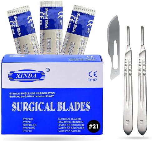 MuskalMed Pack of 100 Blades #21, Scalpel Blades for Knife Scalpel, High Carbon Steel Dermablade Blades. Individually Wrapped, Sterile + Free 2 Handle #4
