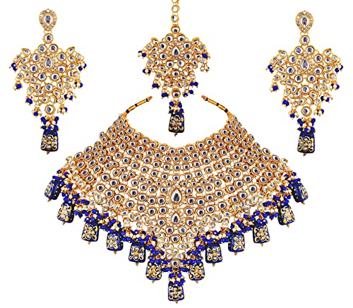 Lucky Jewellery Blue Bridal Dulhan Wedding & Engagement Necklace set With Mang Tikka Combo Jewellery Set Uncut Kundan Choker Necklace Set For Girl's & Women