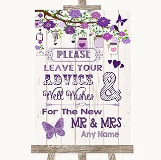 Purple Rustic Wood Guestbook Advice & Wishes Mr & Mrs Personalized Wedding Sign