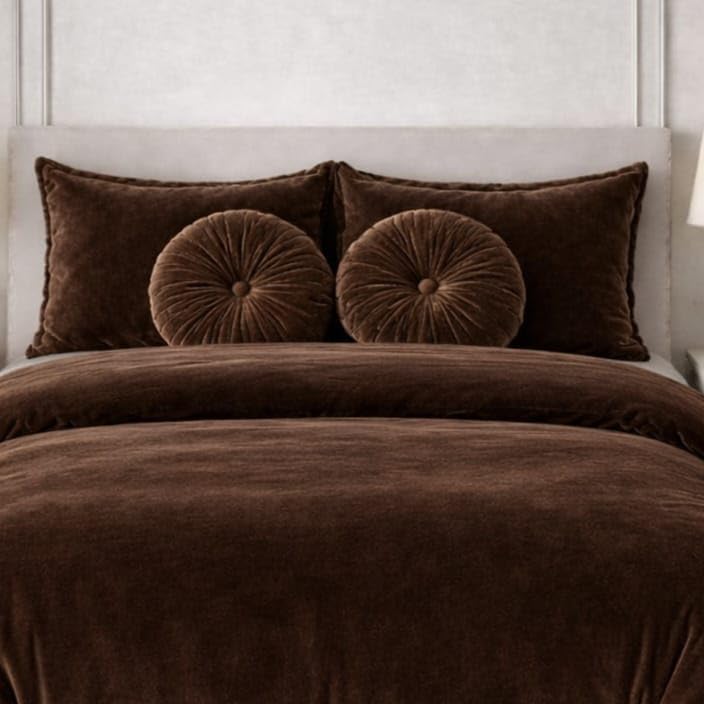 Image of Sands Luxurious 6Pc Bedding Set for Winter, 1 Double Duvet Cover,1 Double Bed bedsheet, 2 Pillow Covers, 2 Round Cushions, Ultra Soft Woollen Bedsheet Set- 90X100 inches (Coffee)