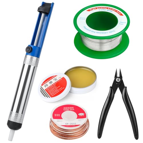 Furuising 5Pcs 0.8mm Solder Wire Set with Desoldering Pump, 10g Solder Flux Paste, Desoldering Wick, Soldering Plier for Electronics Repairing Jewellery DIY