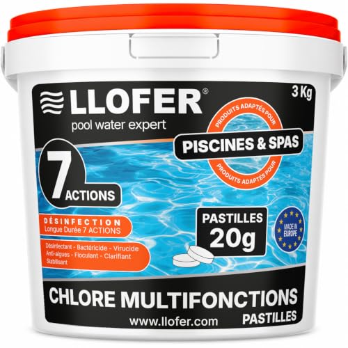 Llofer - Chlore Multifonction en Pastilles de 20g -3kg- Désinfection Longue Durée 7 Actions,Haute Teneur en Chlore (92%), Fabriqué en Europe