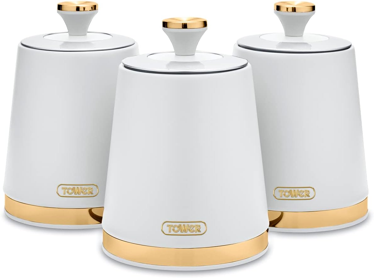 Tower T826131WHT Cavaletto Set of 3 Storage Canisters for Coffee/Sugar/Tea, Steel, White and Champagne Gold