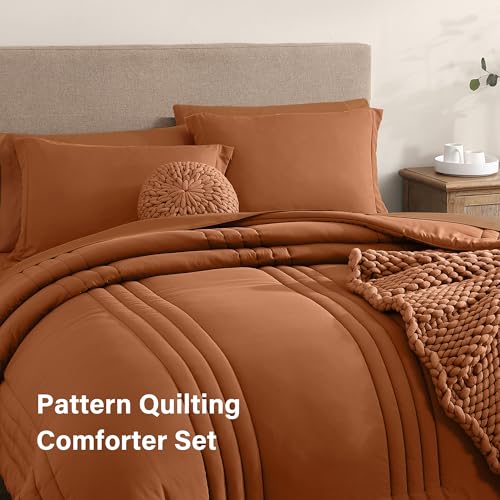 Image of Monbix Super King Plus Size Comforter Set - 7 Pieces Burnt Orange Bed in a Bag Super King Plus Bedding Sets with Comforters, All Seasons Comforter Bed Set with Sheets,Pillowcases & Shams
