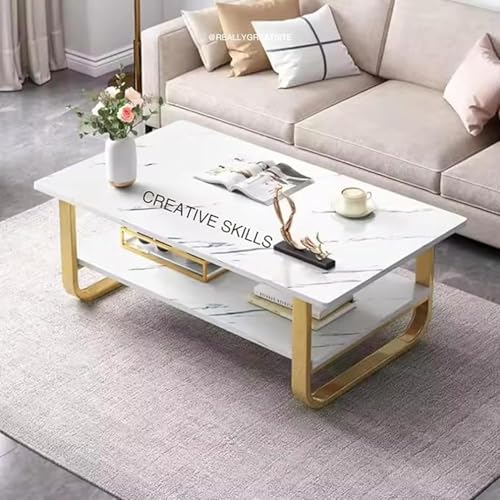 Image of Coffee Table 2 Tier Storage Open Shelf Metal Base Like Marble Pattern Engineered Wood Center Table for Living Room Industrial Farmhouse Metal Rectangle Cocktail Tablee (ND-White)