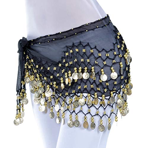 Maytop Ceinture Danse Orientale Belly Dance Foulard Jupe avec Robe Costume du Ventre Sequin Écharpe Déguisement Femme Fille (Black Gold)