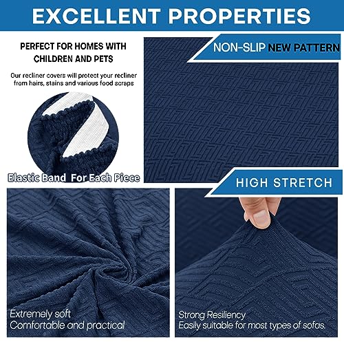 XINEAGE 4-Piece Recliner Cover Stretch Jacquard Slipcover with Pocket, Washable Recliner Chair Protector for Kids, Pets, Dogs, Cats (Navy Blue)