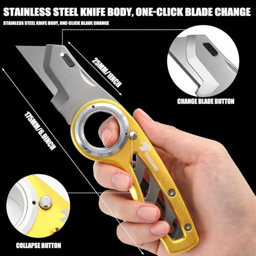 Image of Tondiamo 4 Pcs Folding Pocket Utility Knife Heavy Duty Box Cutter Folding Razor Knife with Anti Slip Finger Loop Easy Change Blades 3 Lock Positions Design (Yellow,Red,Green,Blue)