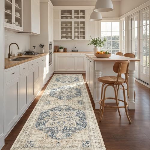 Tortania Area Rug 3x12 Runner Rugs - Washable Vintage Oriental Farmhouse Thin Indoor Carpet for Living Room Bedroom Hallway Entryway Kitchen Under Dining Table Home Office - Cream/Blue