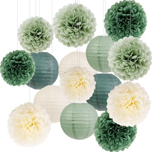 Green Birthday Party Decorations Paper Lanterns and Pom Poms 15pc...