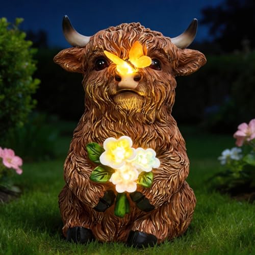 LXOUMEI Solar Highland Cow Outdoor Statue Garden Sculpture with Lighted Butterfly & Flowers Decor Highland Cow Figurine for Patio Yard Lawn Ornaments for Birthday