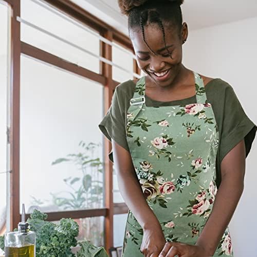 1 PCS Floral Aprons for Women, Adjustable Kitchen Apron Vintage Flower Aprons Baker Chef Apron Floral Canvas Apron Green Bib Apron Chefs Pinafore with Pockets for Cooking Baking Gardening Restaurant