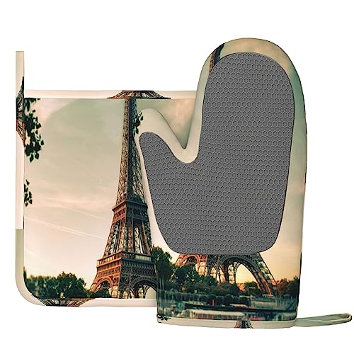 Grey Paris Eiffel Tower Oven Mitts And Pot Holders Heat Resistant 2Pcs Set Bbq Gloves And Pads For Cooking Baking Grilling #TOP2