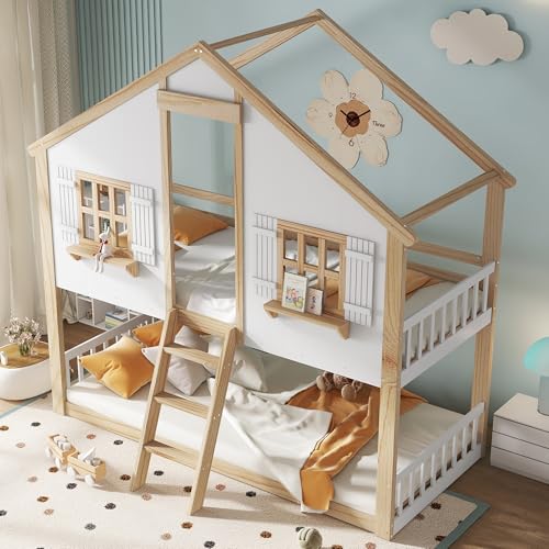 Etagenbett Kinderbett 90x200, Hochbett Hausbett für 2 Kinder, Stockbett mit Leiter&Fenstern&Dach&Regalen, Doppelbett Holzbett Jugendbett mit Lattenrost&Rausfallschutz, Kiefer, Ohne Matratze,Weiß+Natur