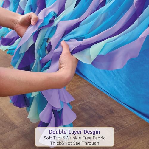 leegleri 9FT/108inch Mermaid Curly Willow Tulle Ruffle Table Skirt Rectangle Tables or Round Tables, Blue Tutu Table Skirt for Baby Shower Baby Shark Birthday Party - Thumbnail 3