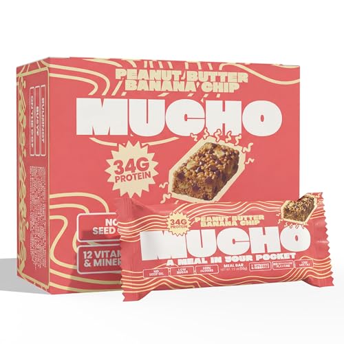 Image of Mucho Meal Bars, Chocolate Chip Crisp - 34g Protein, 3g Sugar, Low Saturated Fat - Healthy Meal Replacement Snack, Perfect for Bulking & Busy Lifestyles (8 Pack, Peanut Butter Banana Chip)