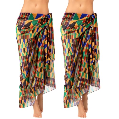 2 Pcs African Kente Cloth Women Sarong Swimsuit Coverups Beach Wrap Bathing Skirt African Sheer Bikini for Swimwear