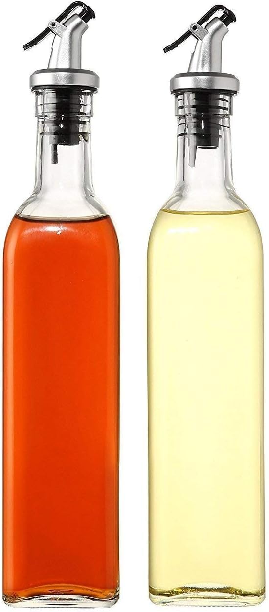 Timber Kitchen 2Pcs Glass Oil Bottle And Vinegar Pouring Dispenser, Condiment Set, Cruet, Seasoning For Dining Table Kitchen, Airtight Non-Drip Stoppers, Transparent (250Ml)