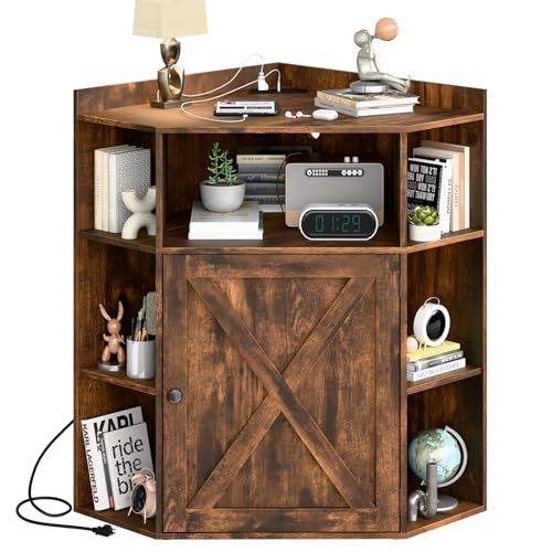 Image of Halitaa Corner Storage Cabinet, Farmhouse Corner Bookshelf with Storage 6-Cubby Wooden Cabinet with USB Ports and Outlets Industrial Organizer for Small Space, Study, Playroom, Living Room