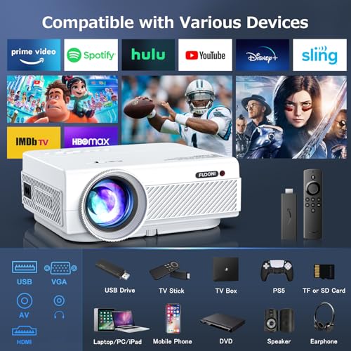 Image of FUDONI Native 1080P WiFi Bluetooth Projector, Full HD Portable Outdoor Movie Projector, Built-in Speaker, Max 300 inch Screen, for Smartphone (Pure White)