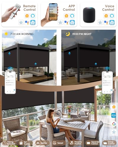 Image of Kincmo Motorized Outdoor Shades for Patio Porch, Custom Outdoor Motorized Blinds with Remote, Waterproof & Windproof Patio Shades Work with Apple Home,Alexa,Google (Brown-0% Openness)