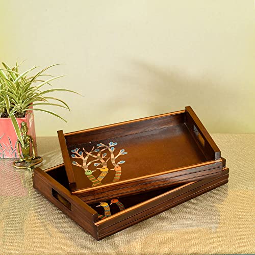 Image of AAKRITI ART CREATIONS Chirping Birds Handcrafted Serving Tray Set of 2 | Floral Art | Brown Wooden Tray Set | Glossy Finish Serving Trays | Tray for Dining Table & Kitchen