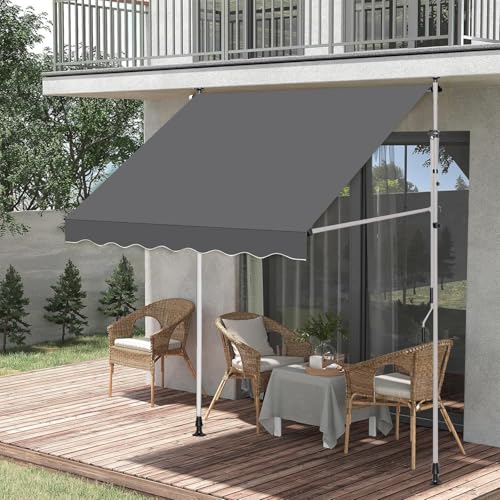 オーニング オーニングテント 伸縮タイプ 日よけ 巻き取り式 サンシェード ひさし 紫外線 UV カット クールサマーオーニング 角度 高さの調節が可能 簡単設置 (ホワイトポールグレー布, 300cm)