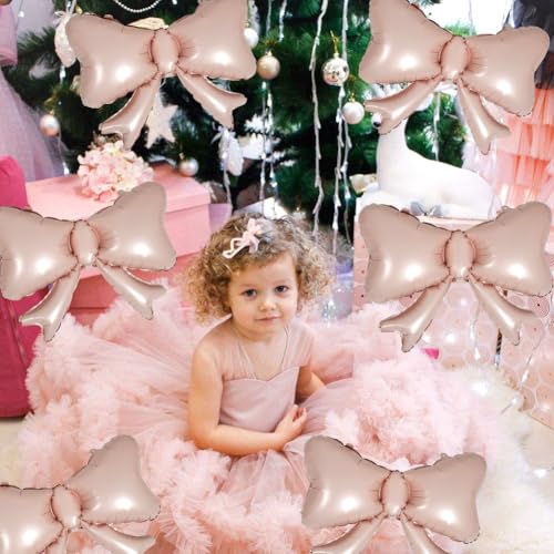 Image of 6 Pieces Pink Bow Balloons, Macaron Pink Matte Metallic Bow Foil Balloons for Girls Women Bowtie Birthday Party, Baby Shower, Gender Reveal Party, Balloon Garland Accessories