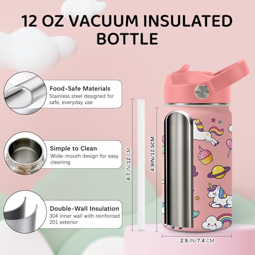 Image of Unicorn Water Bottle for Son & Daughter, Stainless Steel Insulated Tumbler with Straw Lid and Handle, 12oz Reusable Leak-Proof Bottle for Sports