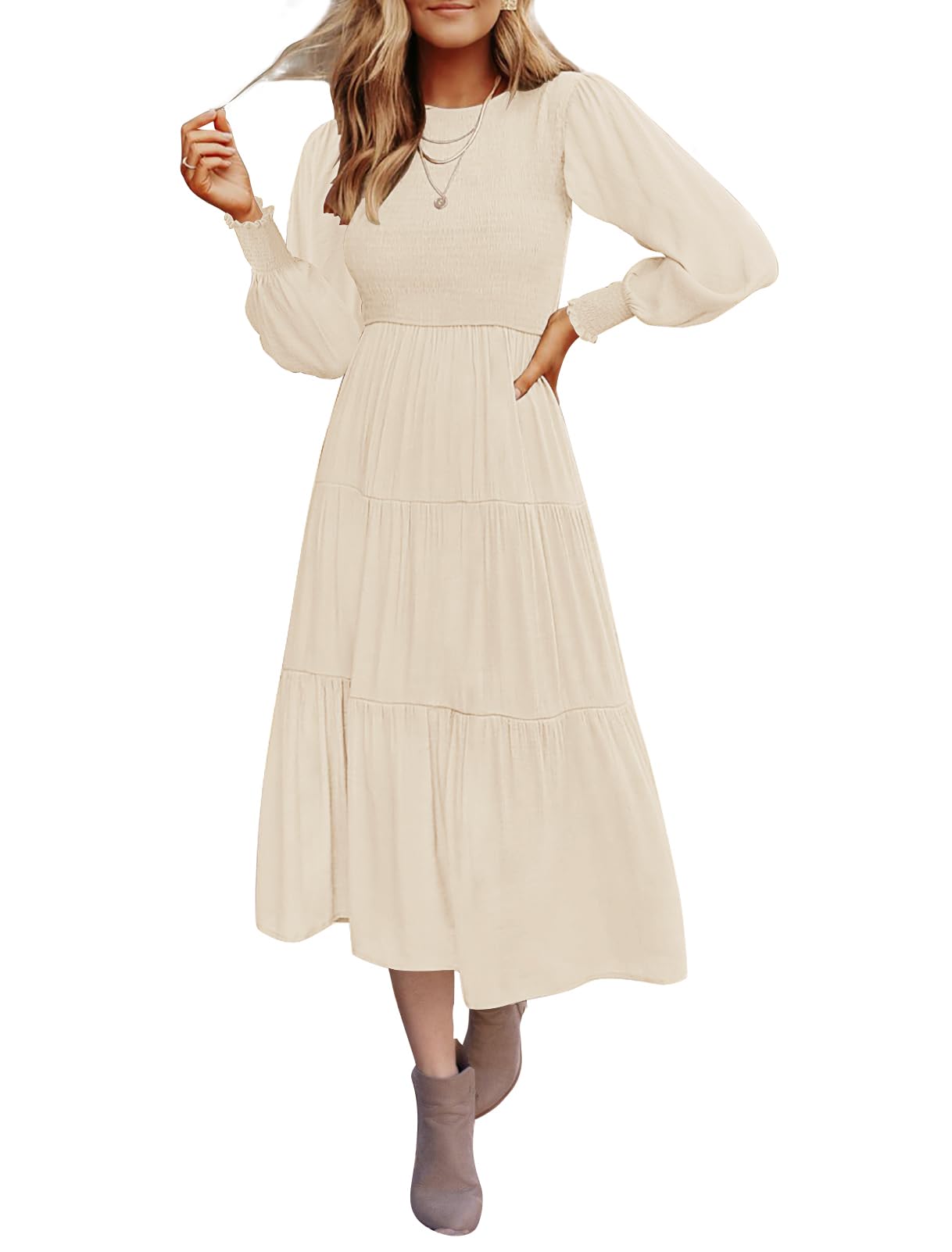 ZESICAWomen's Casual Long Sleeve Crew Neck High Waist Smocked Flowy Tiered Midi Dress