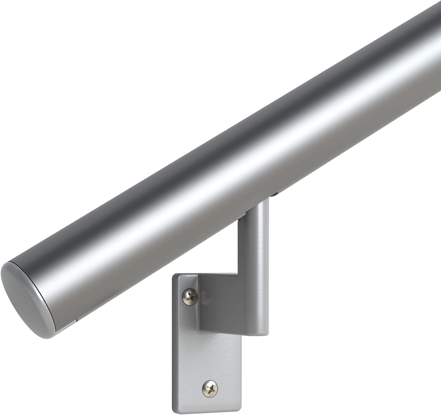 Promenaid Silver 1.5ft Flush Handrail Kit - Complete Indoor/Outdoor Stair Handrail - Modern 1.6" Round Satin-Anodized Aluminum Railing with 2 Silver Painted Pivoting Wall Brackets & Flush Endcaps